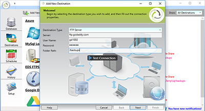 ibitz Database Backup Software add new destination window screenshot
